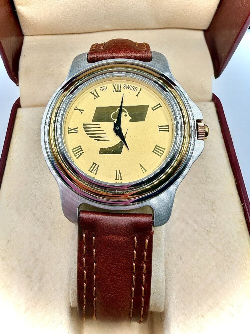CSI Swiss Quartz Analog Watch Gold Dial Roman Numerals Brown Leather 38.1mm